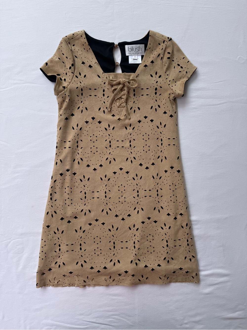 Us Angels Blush Tan Laser-Cut Lace-Up Mini Dress